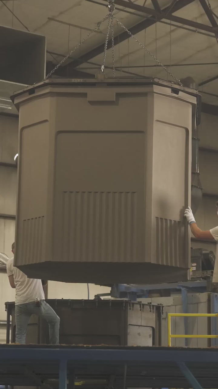 A video reel showing the Alpha Hunting Blind from production to in-use application. It starts by showing the rotationally molded hunting blind coming out of the mold. The text "always on the hunt" displays then goes to a clip of a hunter climbing into the hunting blind which is placed in a corn field. An internal view of the blind with its glass windows and forever flooring is highlighted. A large whitetail buck walks by; the hunter opens the window. It also shows the blind being moved by the fork pockets.